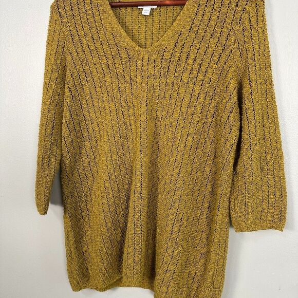 J. Jill Open Knit V-Neck Tunic 3/4 Sleeve Sweater Yellow Womens Large Petite - Picture 2 of 5